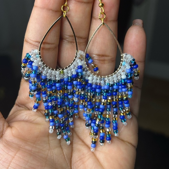 Stunning Beaded Fringe Earrings in Blue and Gold - Picture 3 of 3
